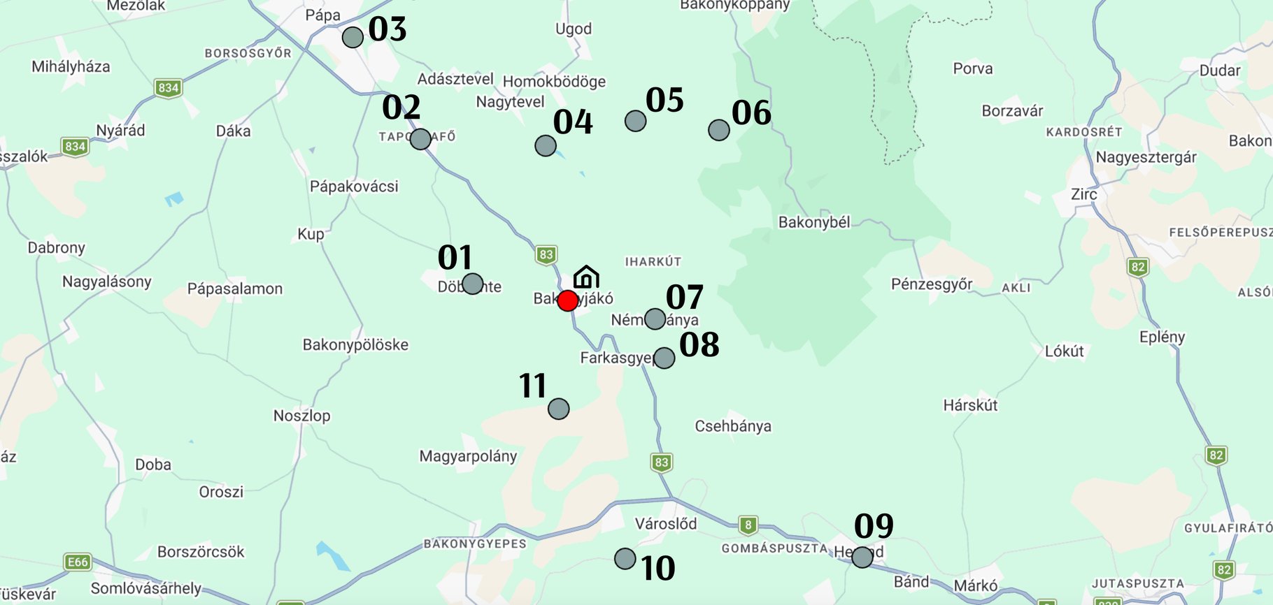 Térkép a CabinBakony körüli kirándulóhelyekkel, 1-től 11-ig számozva